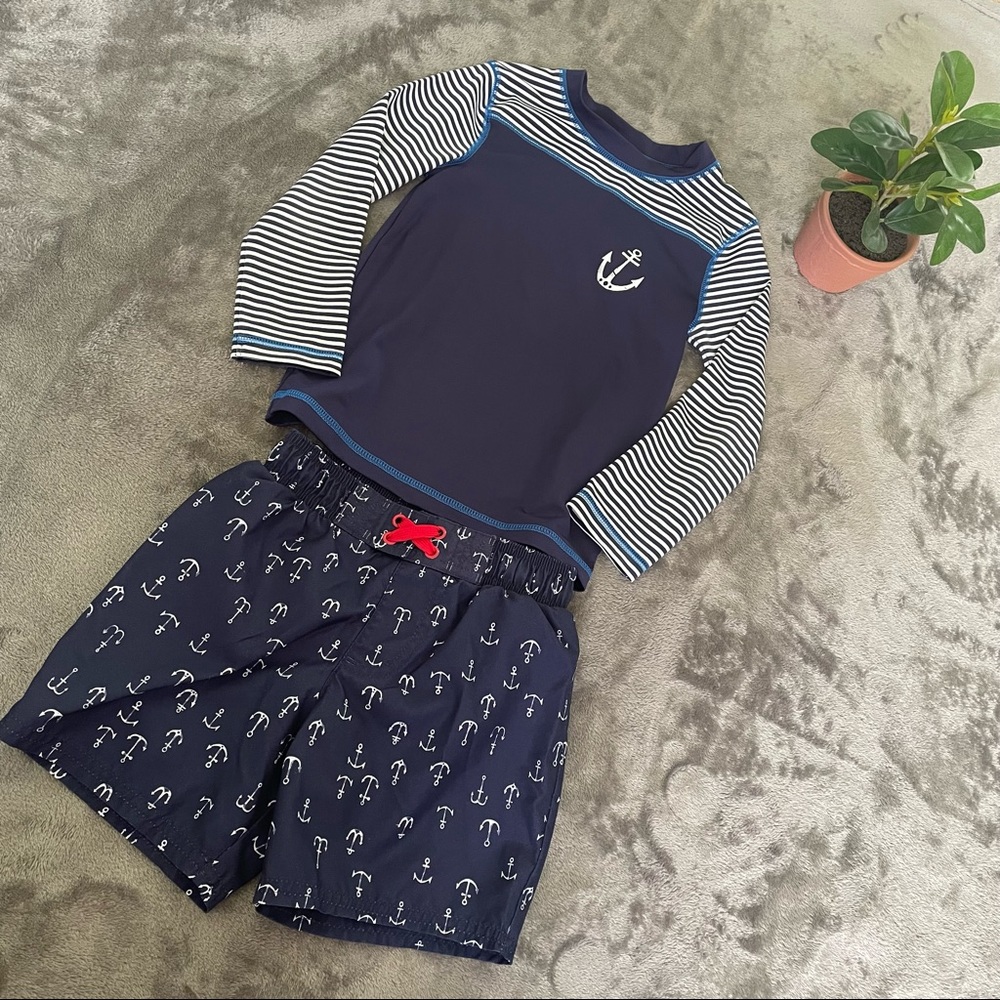 Nautical Boys Navy Blue Swimsuit Size 4T Two Piece Long Sleeve Rashguard